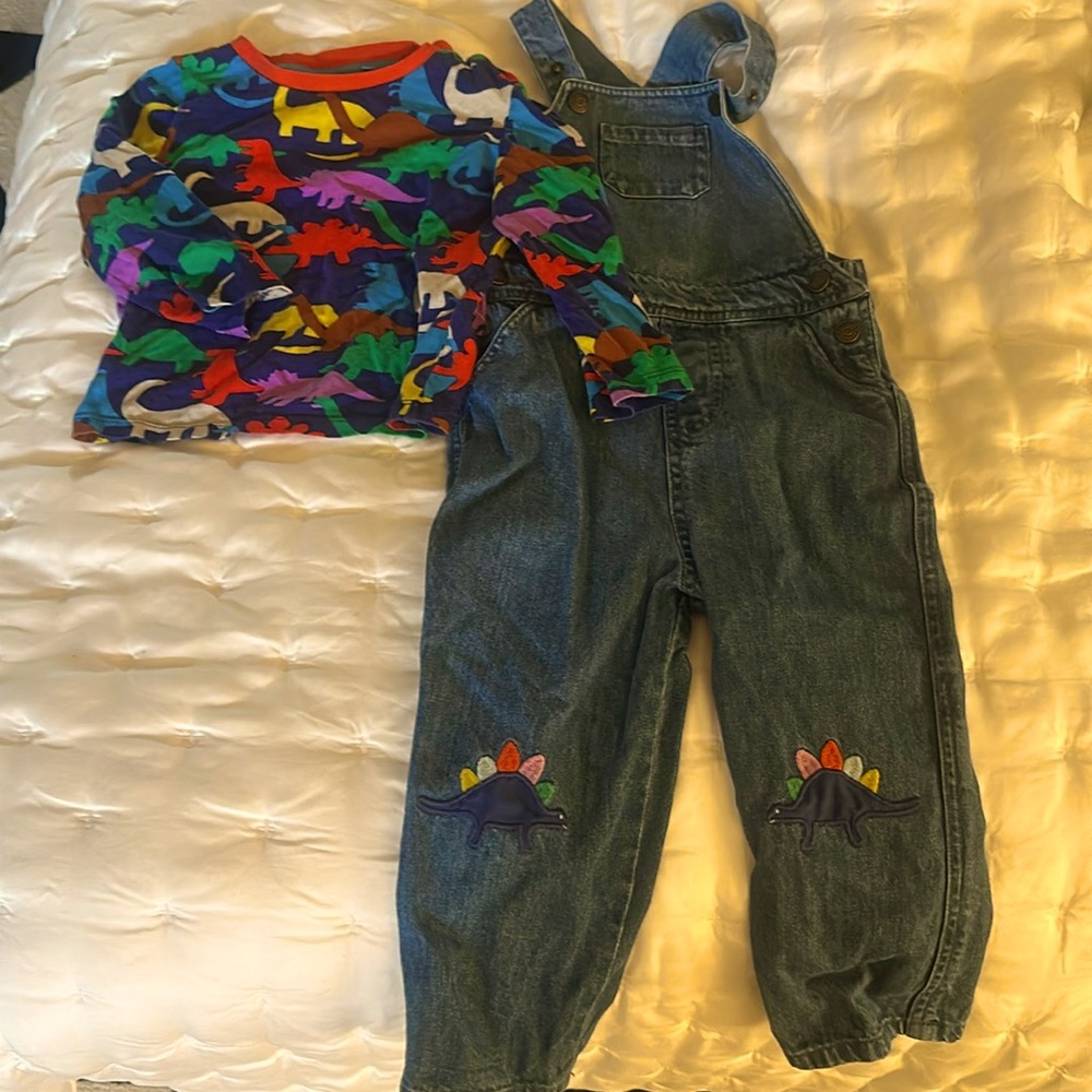 Baby Boden dinosaur denim overalls and shirt set